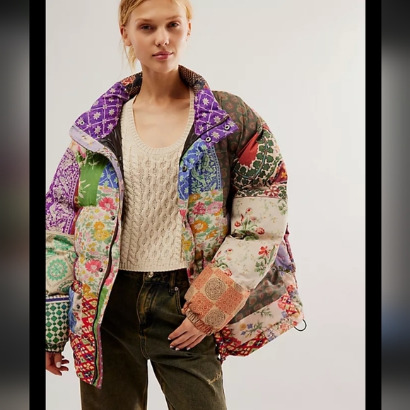 Found Jackets & Blazers - Eclectic Patchwork Multicolor FOUND Multi Print Garden Puffer S/M